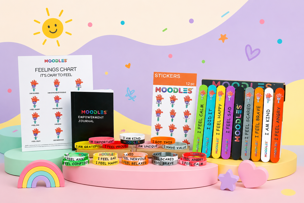 Moodles Feelings Charts, Flip-Bands and Snap-Bands with stickers on a cute kid coloring inspired background 