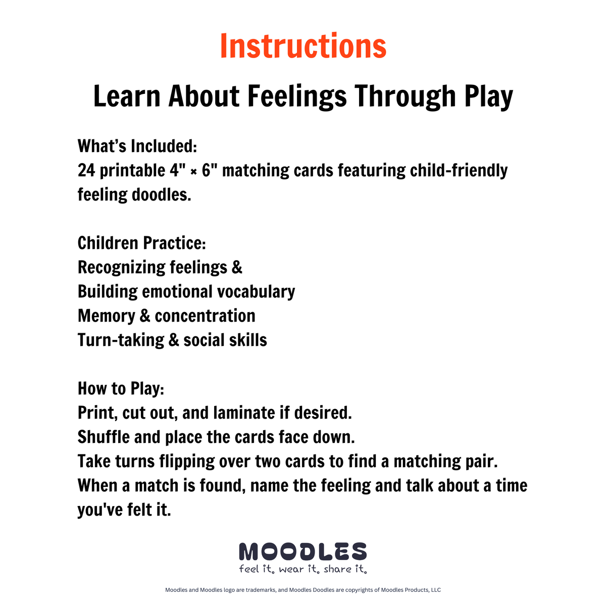 Instruction sheet titled 'Learn About Feelings Through Play' with orange and black text on a white background, listing what's included, children's practice goals, and how to play a matching card game. Moods Products branding appears at the bottom.