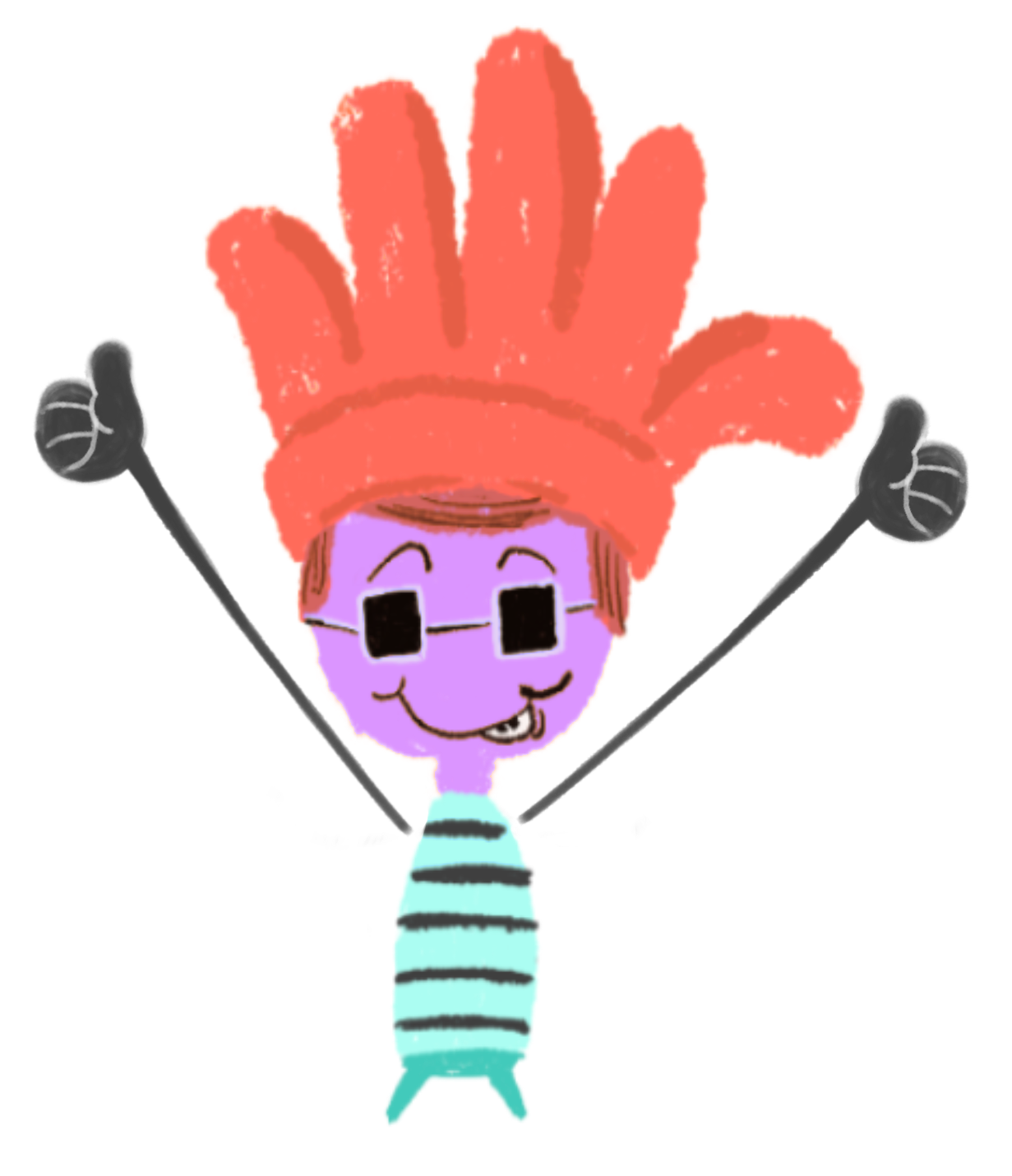 Cartoon character with a red hat, purple face, and striped outfit on a white background