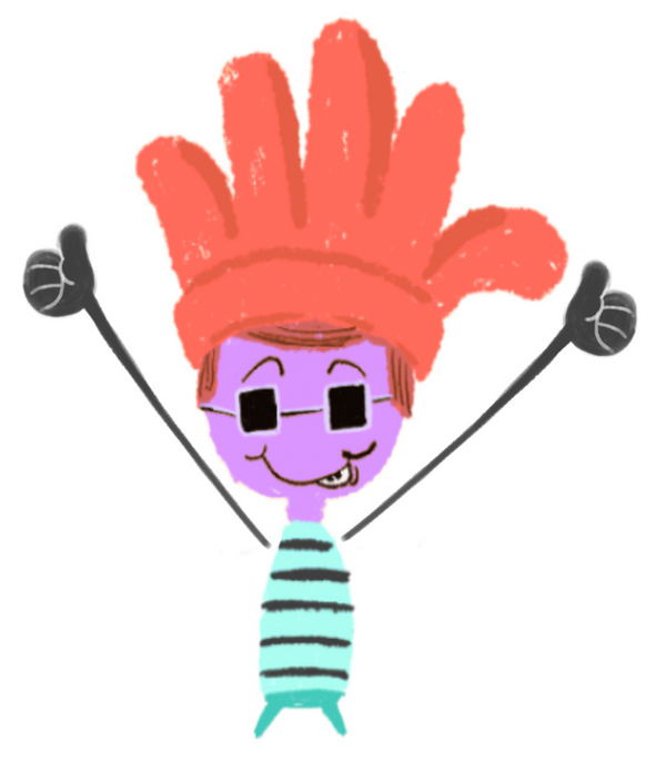 Cartoon character with a red hat, purple face, and striped outfit on a white background