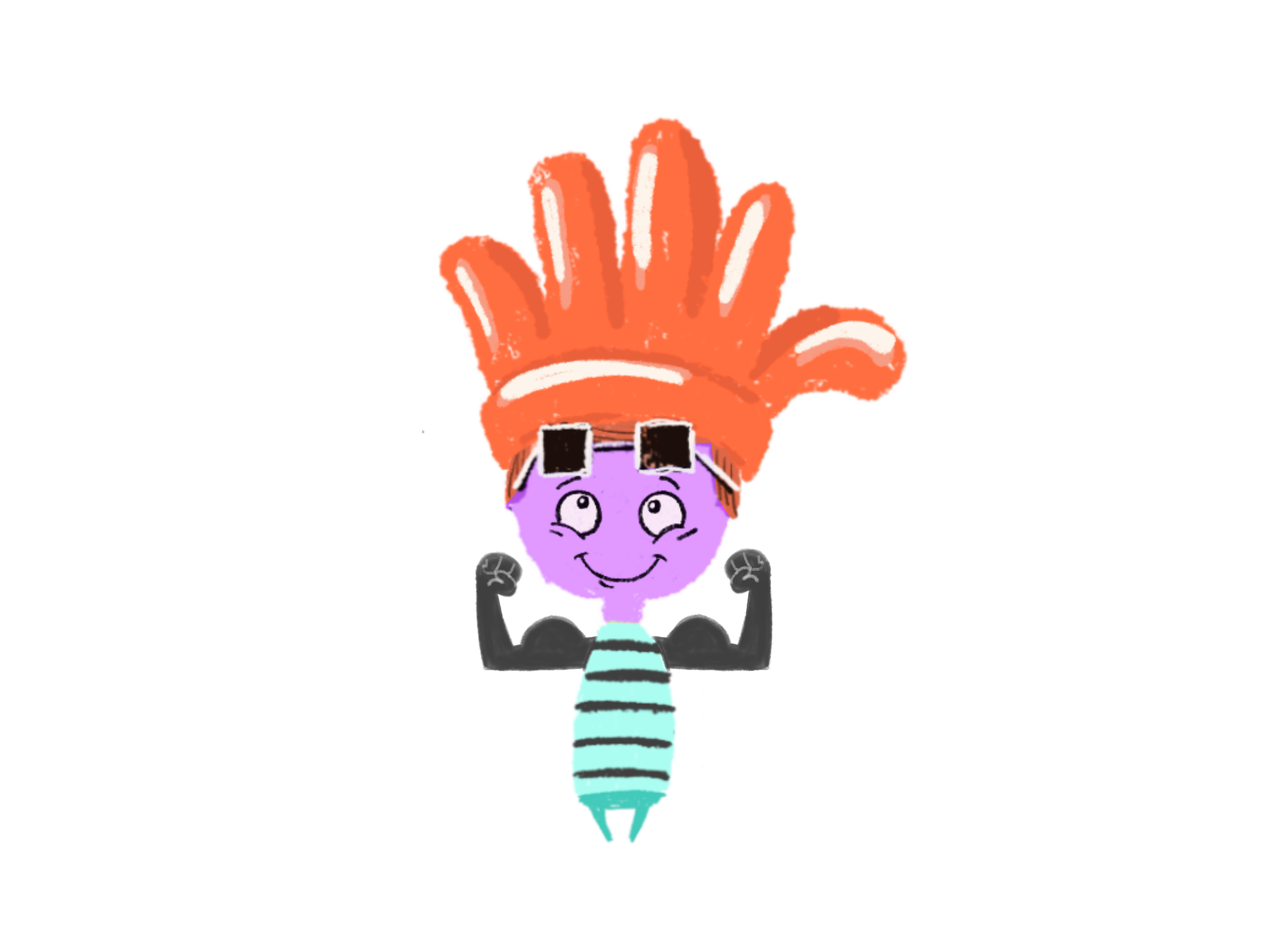 Cartoon character with orange hair and purple face on a white background
