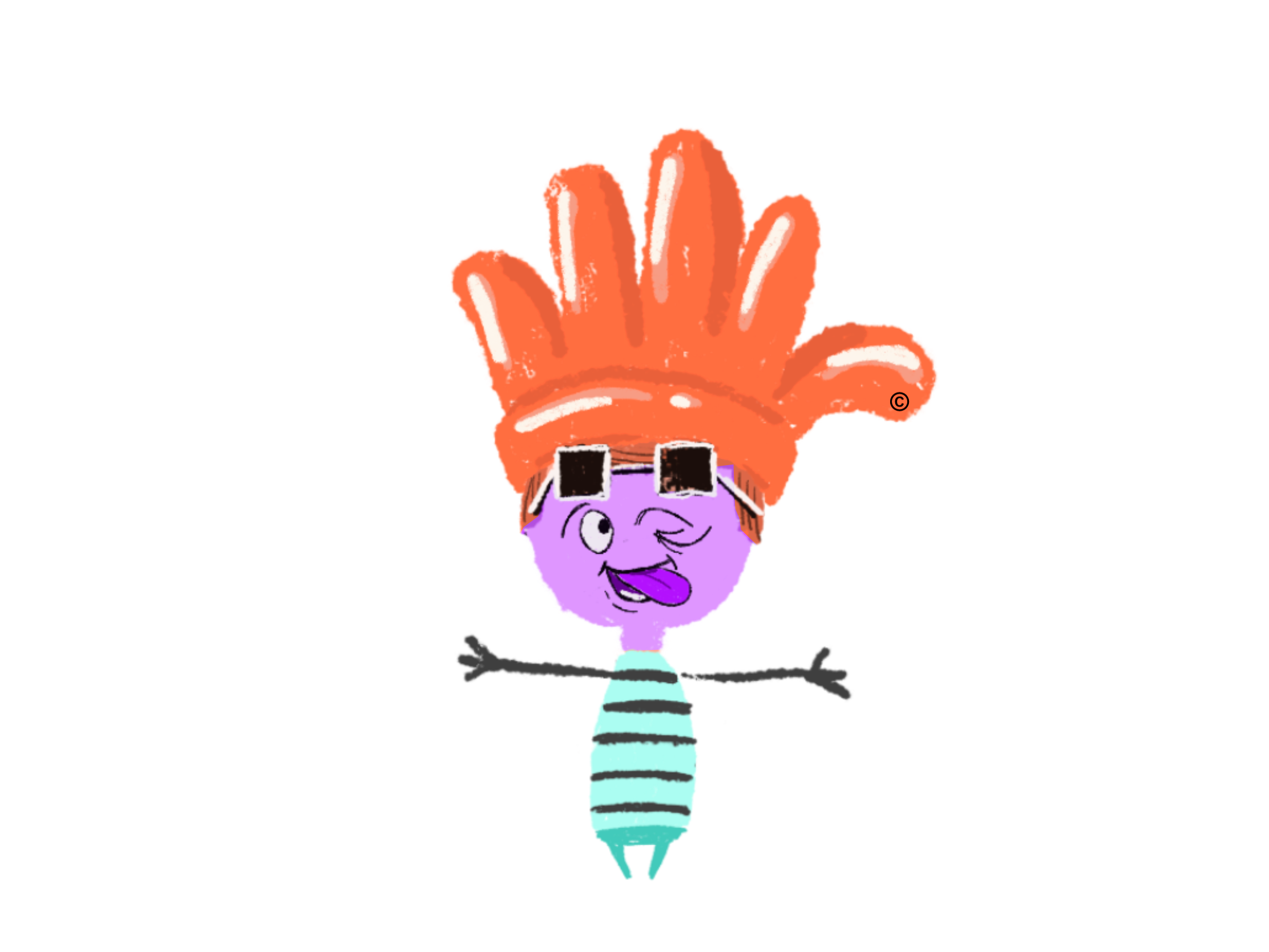 Cartoon character with an orange hat and purple face on a white background