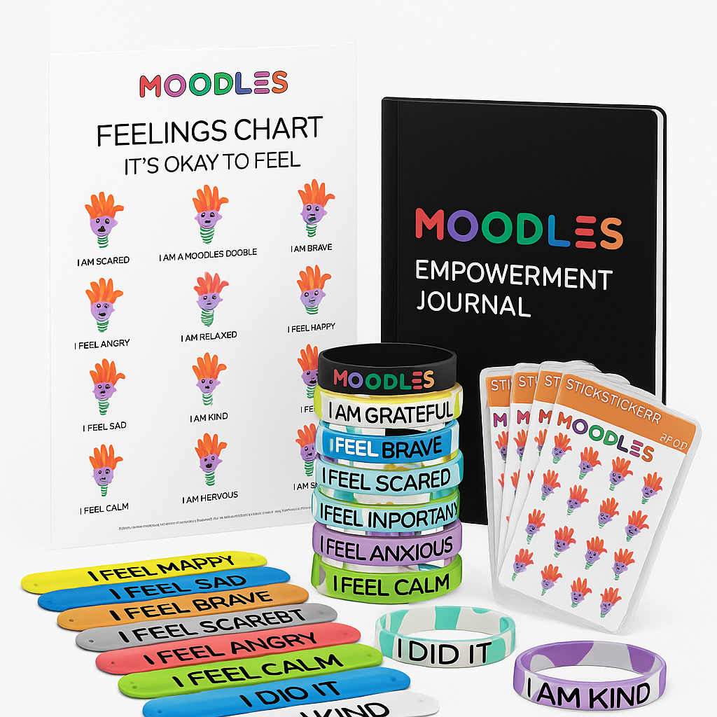 Moodles product set including a feelings chart, empowerment journal, wristbands, and stickers on a white background.