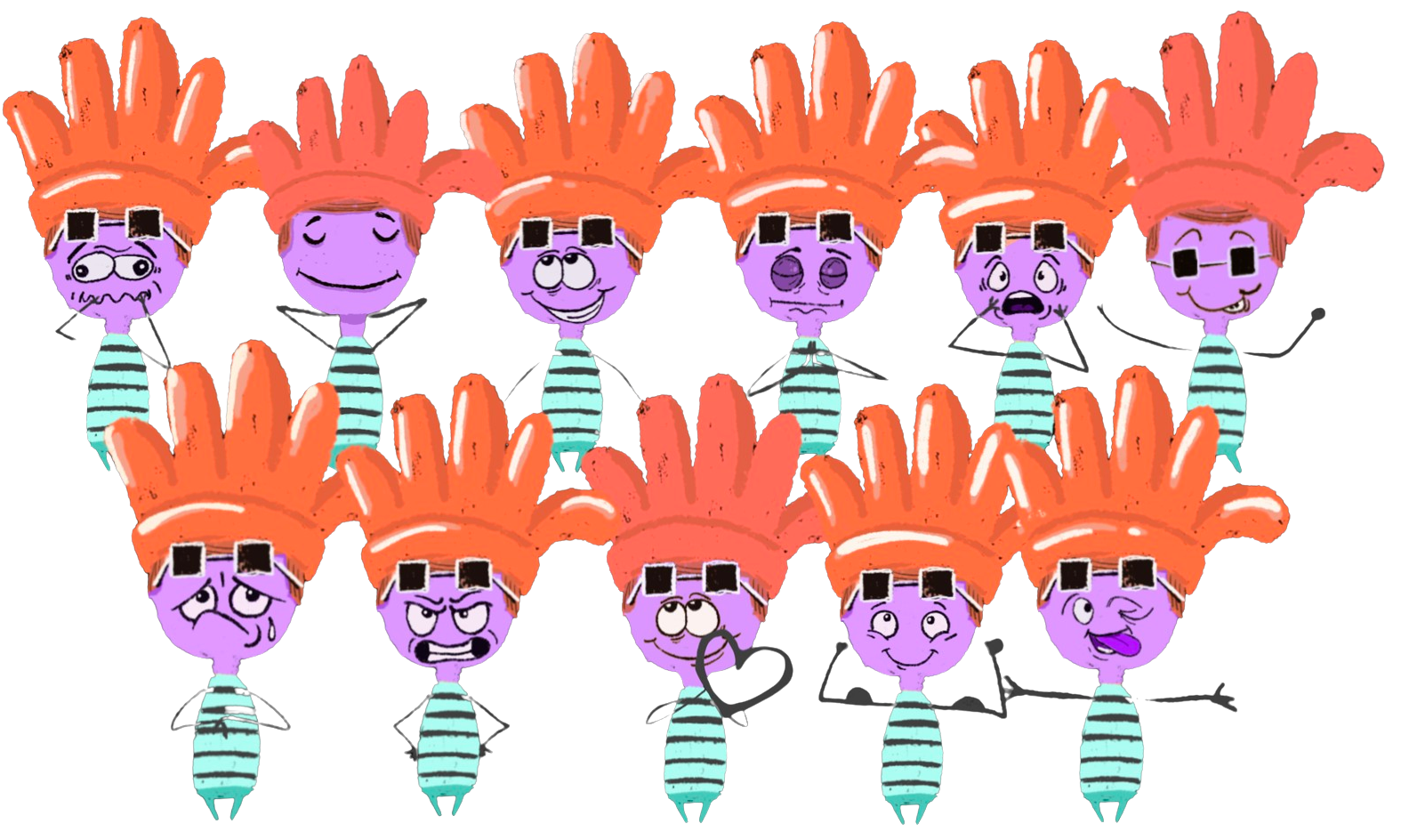 Cartoon characters with orange hair and purple faces in a row on a white background