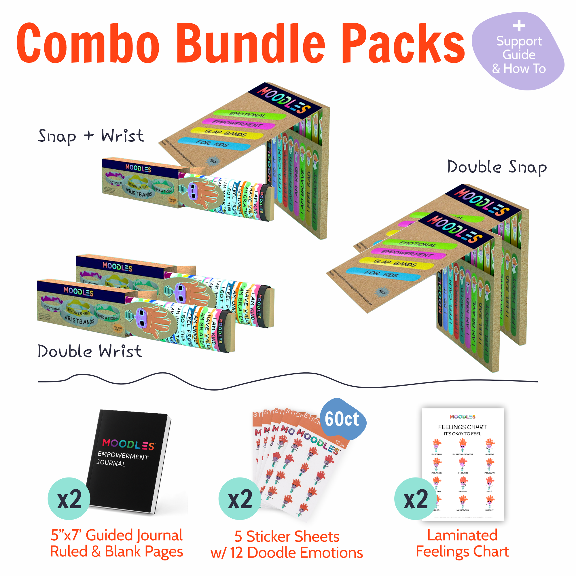 Moodles combo bundle packs with various items including journals, stickers, and a feelings chart on a white background.