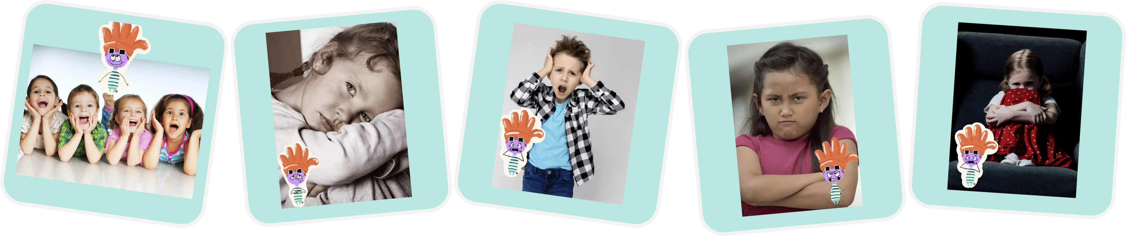 Set of five photo frames with children's photos inside, each frame has a unique pose and expression.