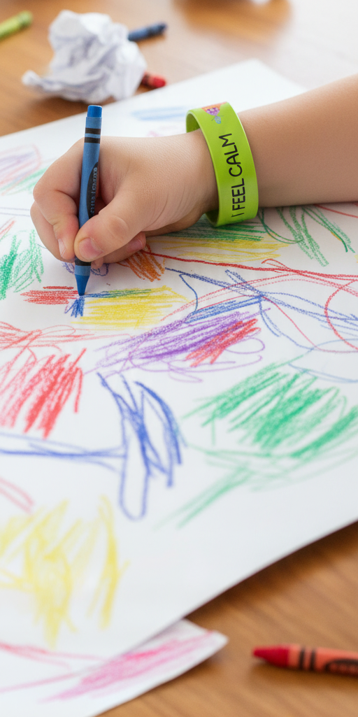 SEL Learning Tools Feelings Bracelet -Child's hand with a colorful wristband drawing on paper with crayons.