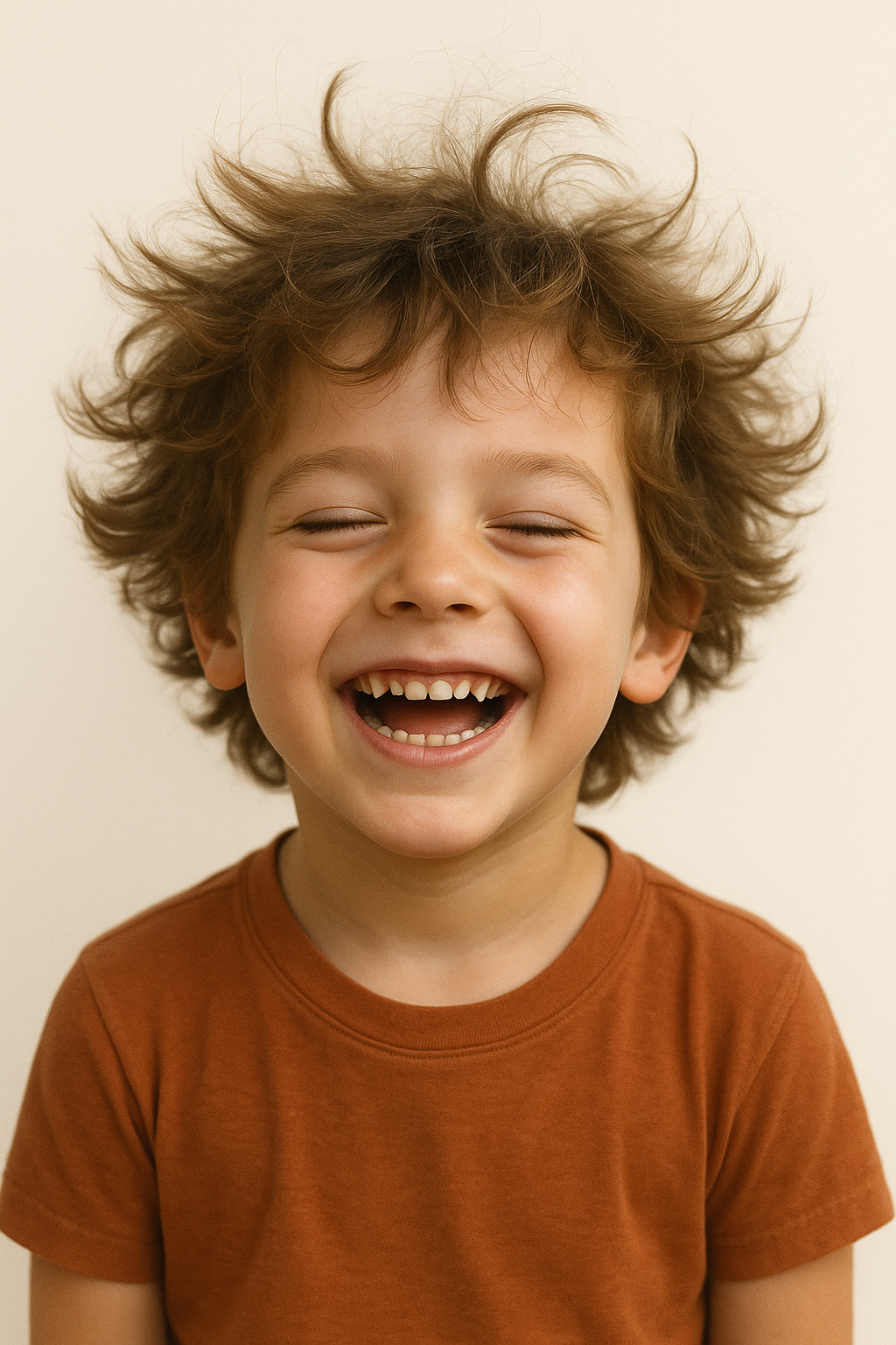 Child with curly hair wearing a brown shirt against a beige background