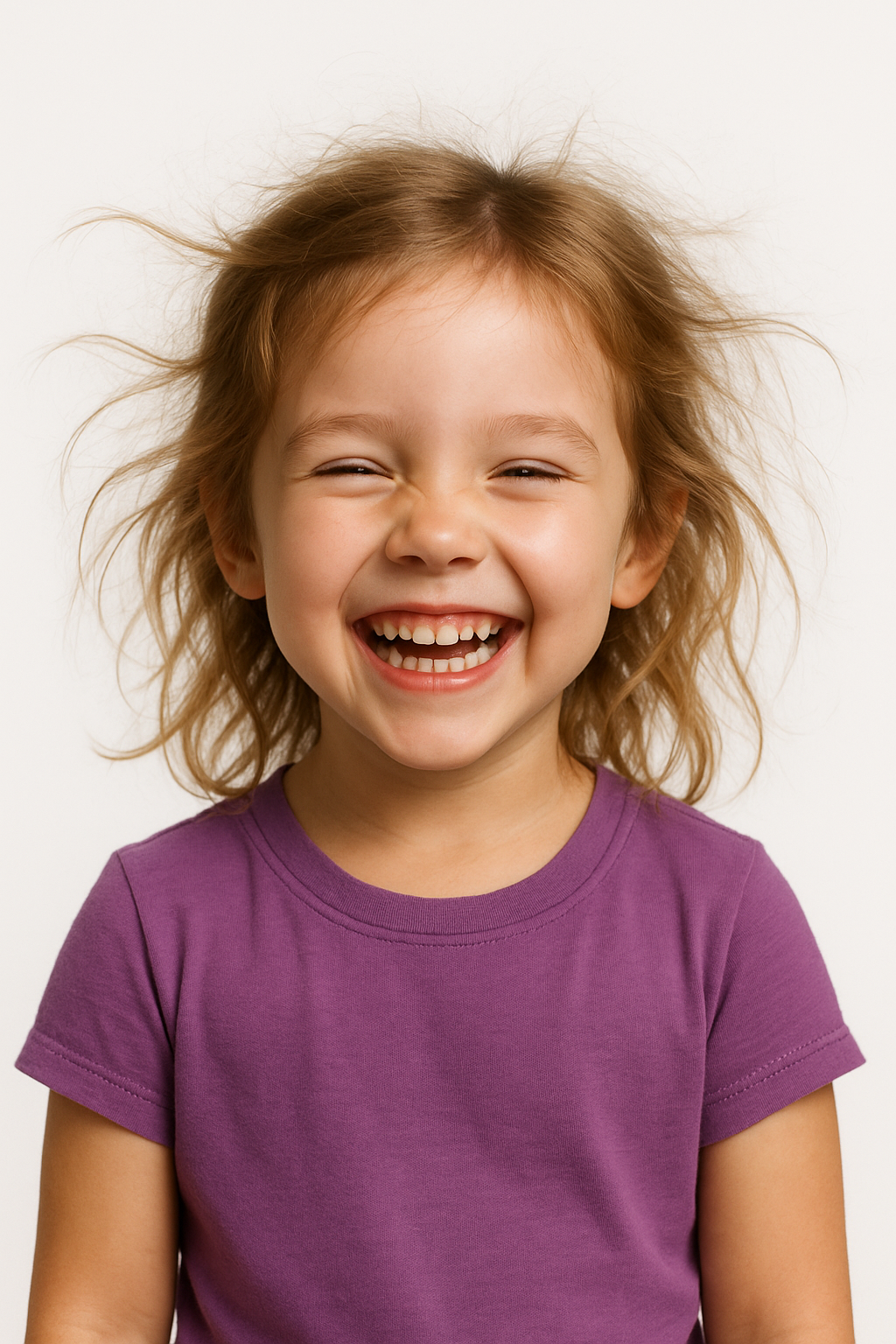Child wearing a purple shirt with a plain background