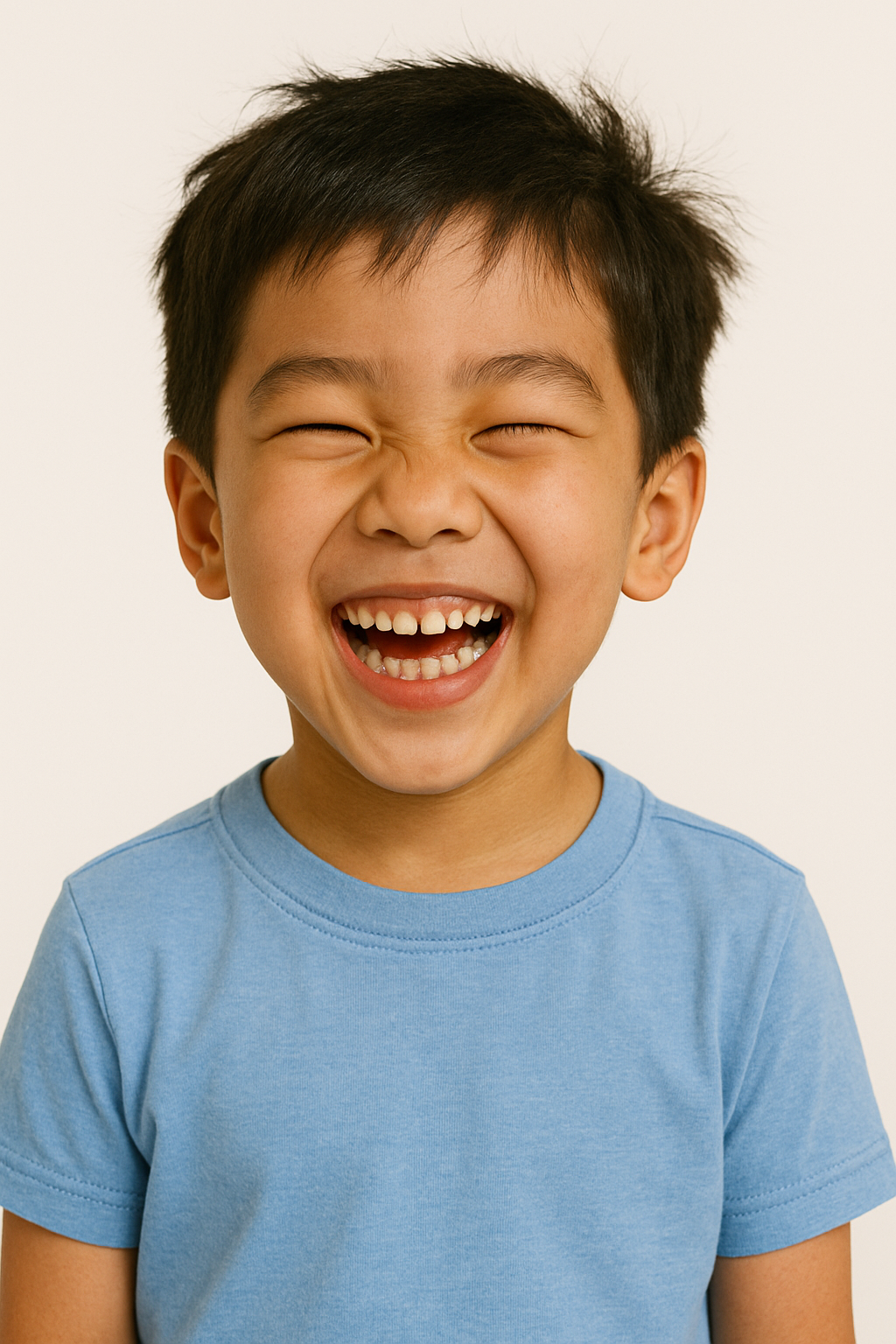 Child wearing a blue shirt with a plain background