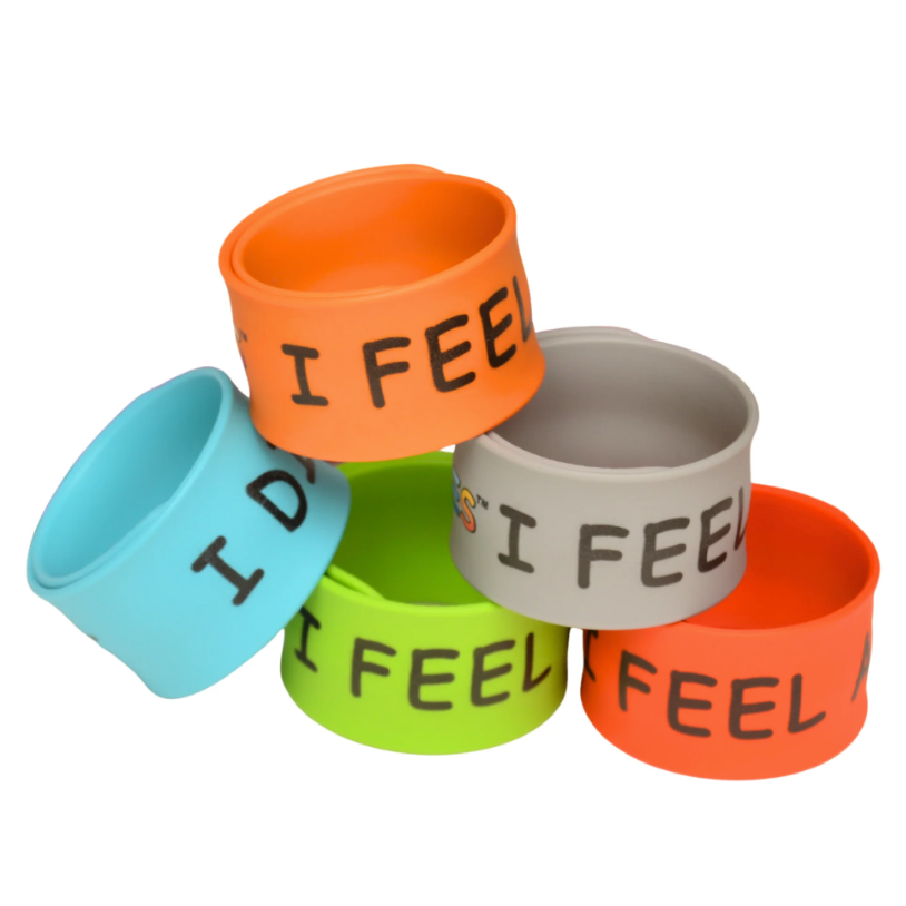 Five colorful wristbands with 'I FEEL' text on a white background SEL Tools for kids