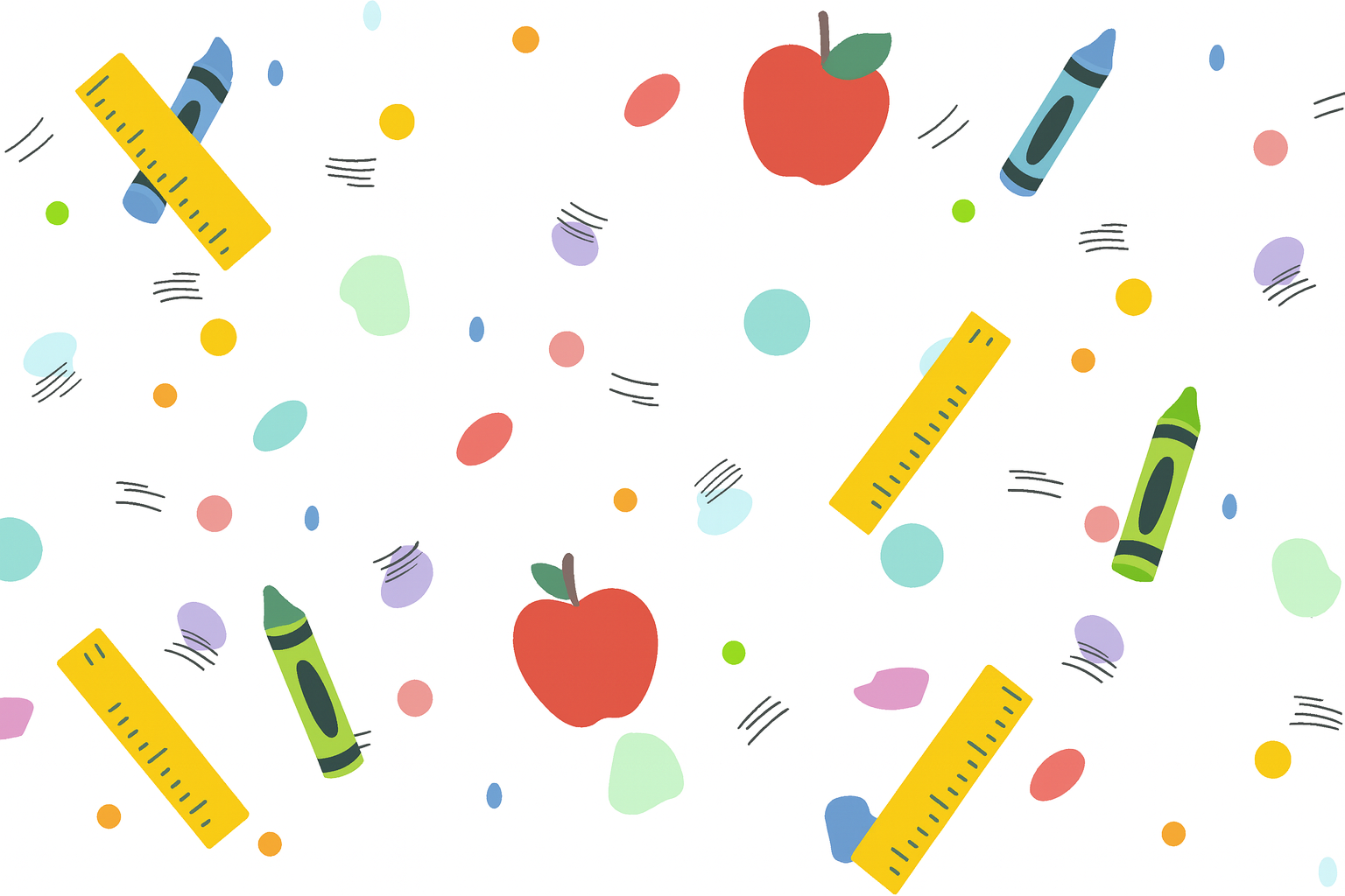 Colorful pattern of apples, crayons, and rulers on a white background