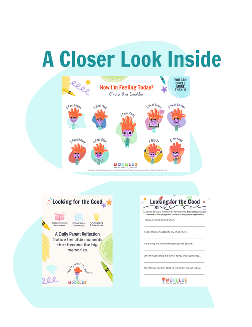 A promotional graphic showing three pages from a children's educational workbook titled 'A Closer Look Inside.' The pages feature colorful emotion faces, reflection prompts, and writing sections.