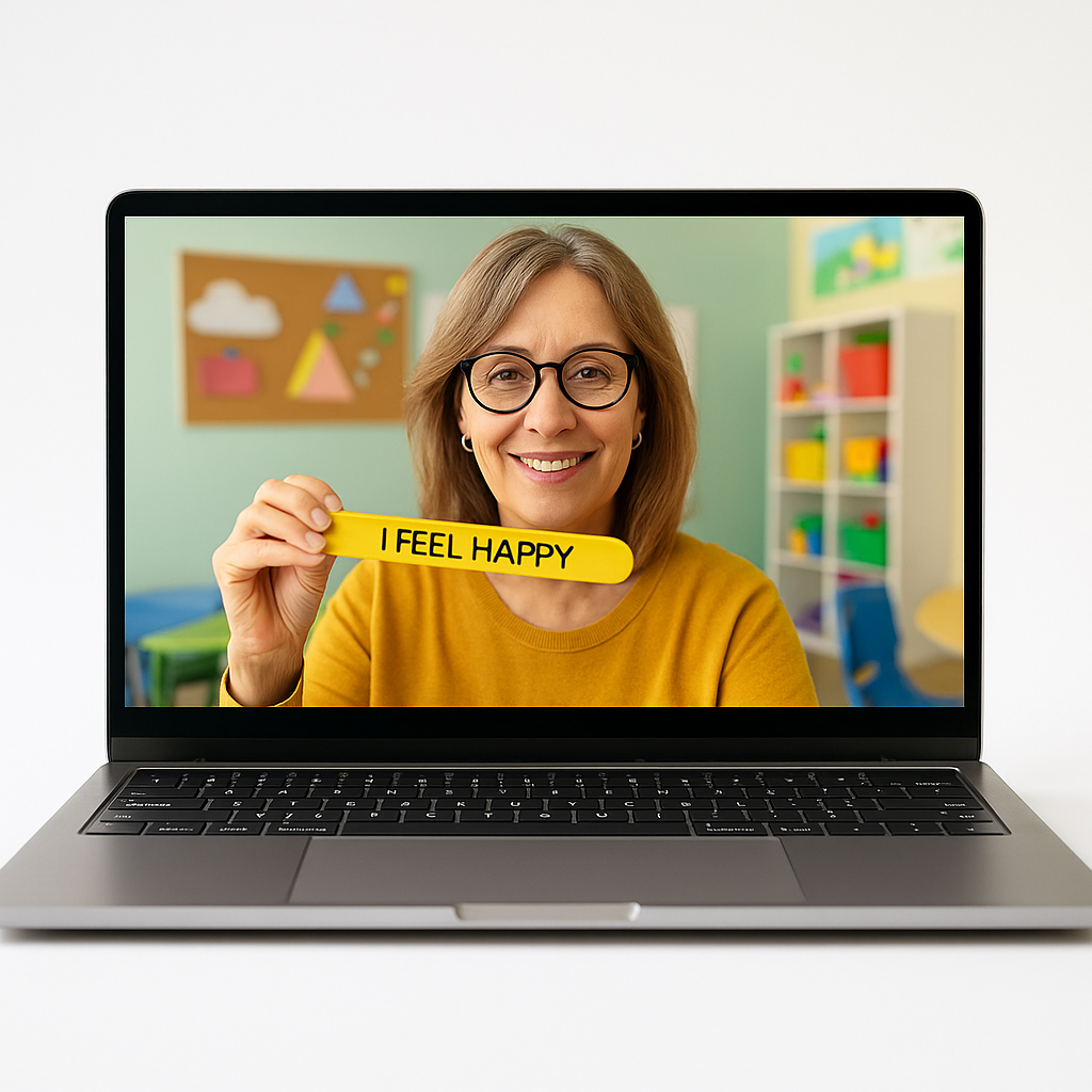 Laptop displaying a person holding a 'I FEEL HAPPY' sign in a classroom setting