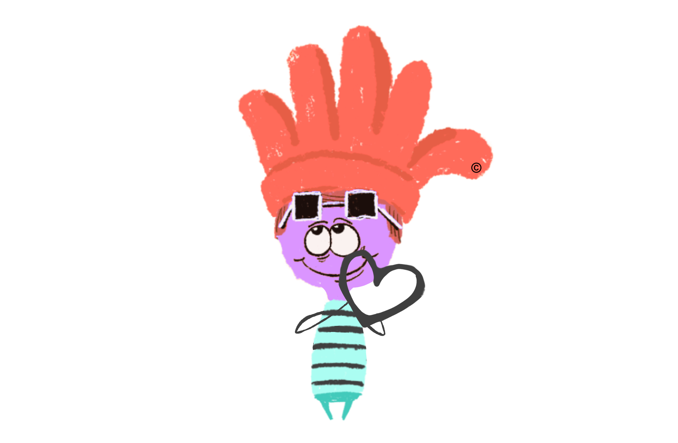 Cartoon character with a large red hand on a white background