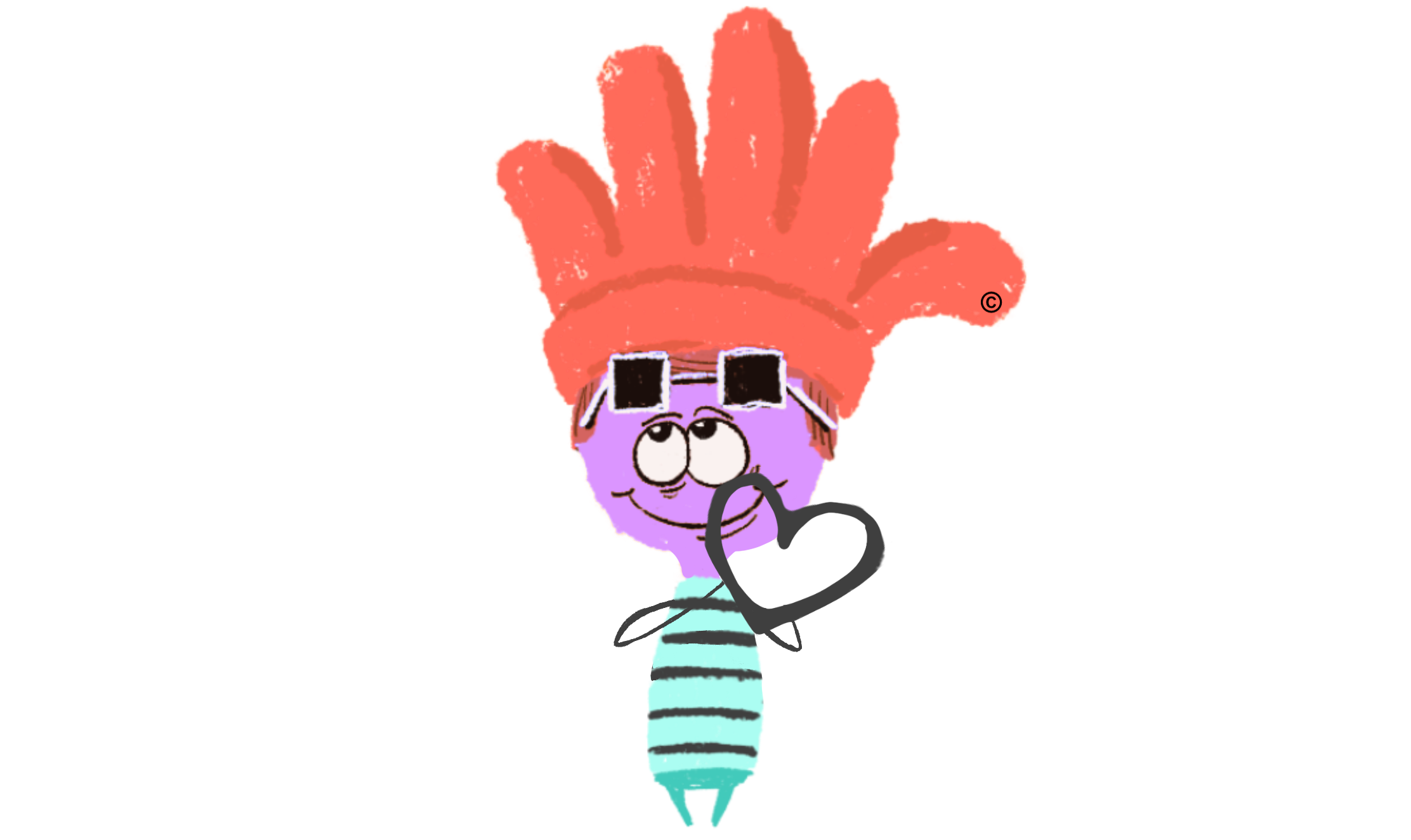 Cartoon character with a large red hand on a white background