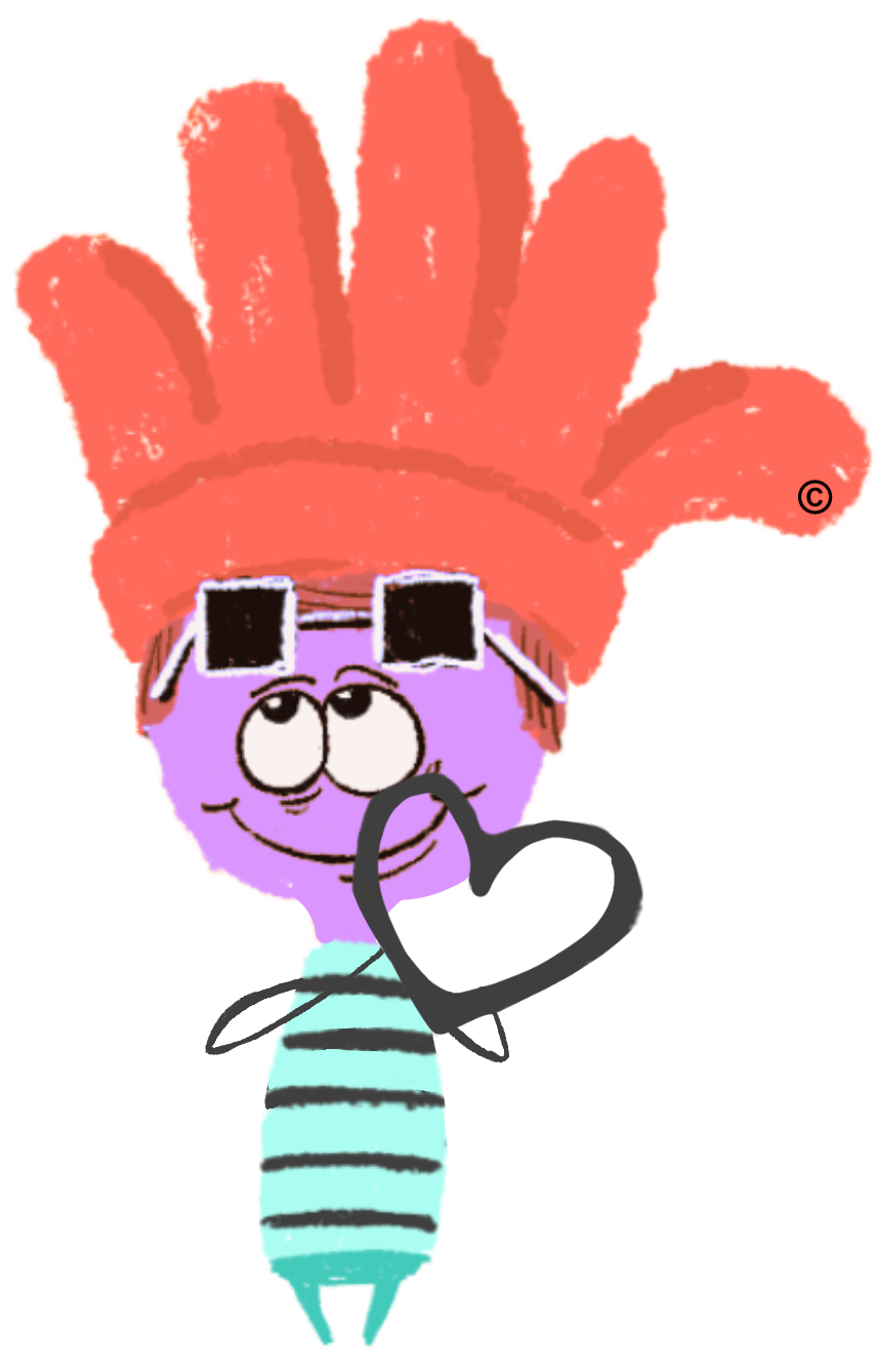 Cartoon character with a large red hand on a white background